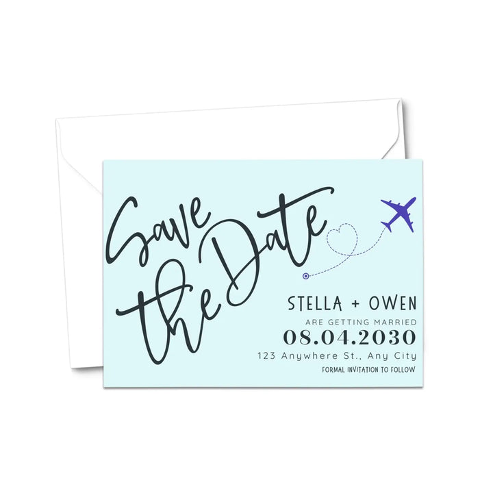Custom minty aqua and lilac save the date cards - personalized 4x6 inch invitations with elegant typography white