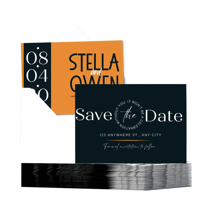 Custom Tangerine and Black Save the Date Cards - Personalized 4x6 Inch Invitations with Elegant Typography and White Envelopes - Perfect for Weddings, Birthdays, and Showers