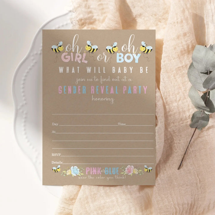 Bee Gender Reveal Invitations with Envelopes, 25 Pack, Customize Party Details, 5x7 Blank Cards