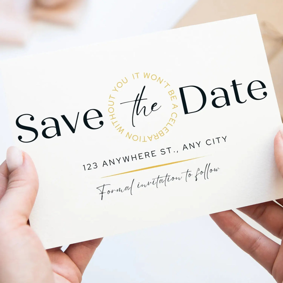 Custom black and vintage white save the date cards - personalized 4x6 inch invitations with elegant typography
