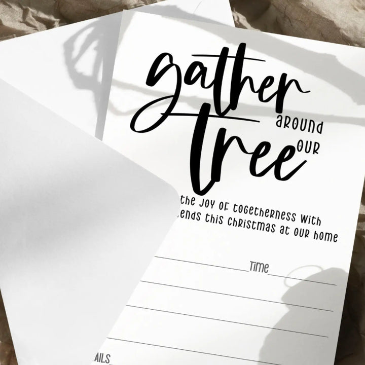 Elegant Black & White Christmas Tree Invitations - “Gather Around Our Tree” - 20 Pack