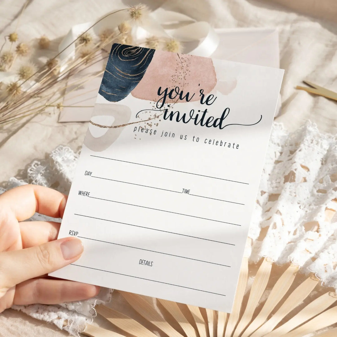 Navy Blue and Pink Watercolor Invitations with Envelopes, 25 Pack, 5x7 Blank Cards for All Occasions