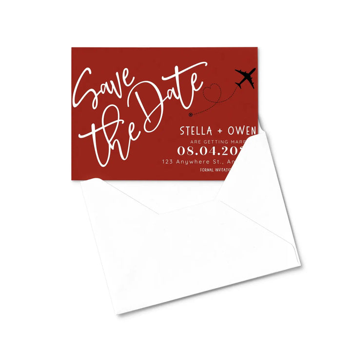 Custom Retro Red, White, and Black Save the Date Cards - Personalized 4x6 Inch Invitations with Elegant Typography and White Envelopes - Perfect for Weddings, Birthdays, and Showers