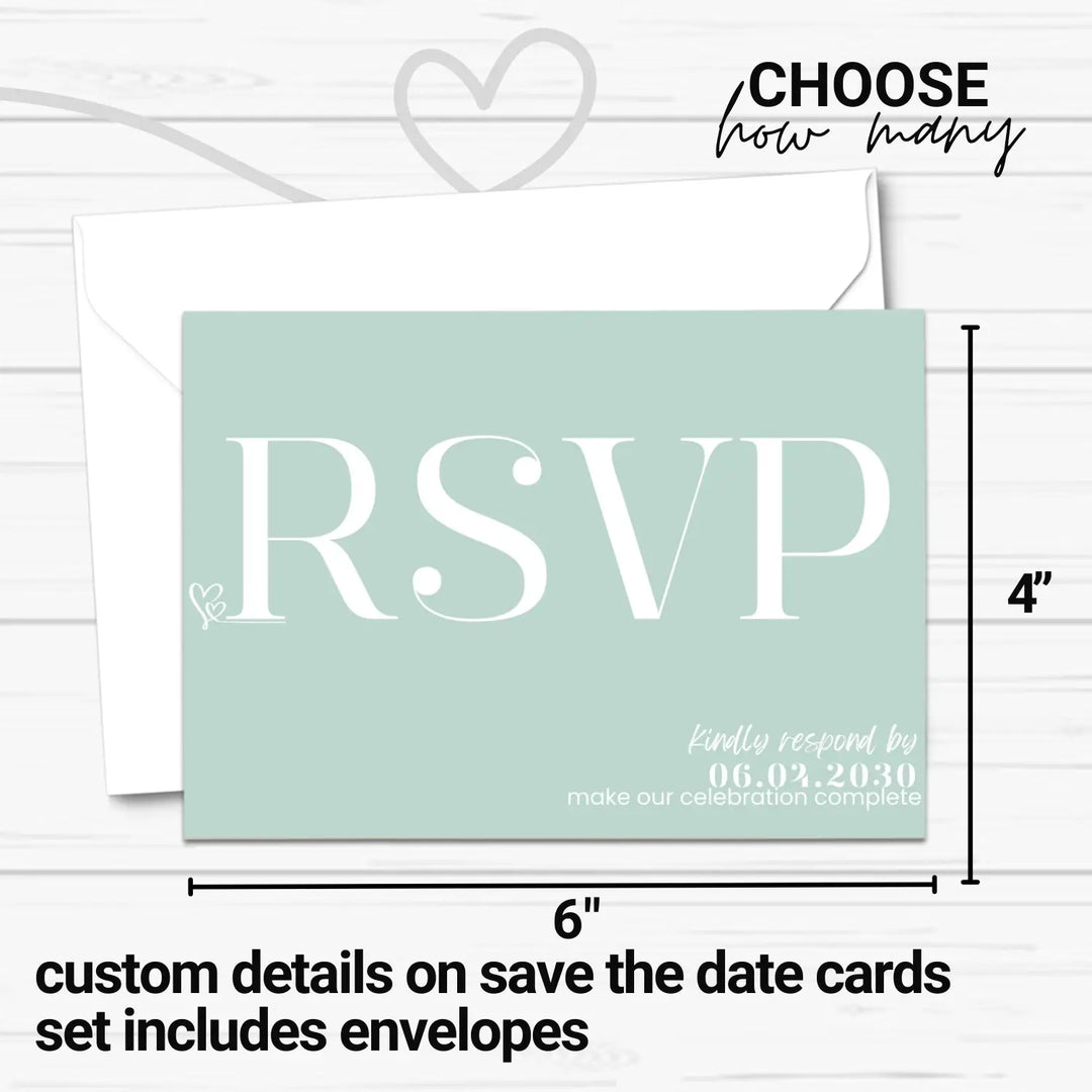 Custom Seafoam RSVP Cards with Elegant White Calligraphy - Premium Card Stock, 4x6 Inch Size