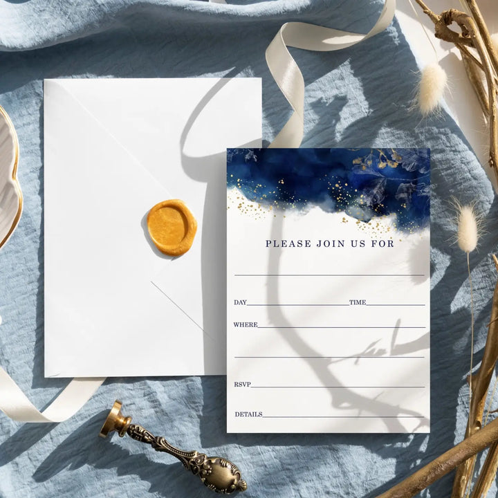 Blue and gold watercolor floral invitations with envelopes 25 pack 5x7 blank cards for all occasions