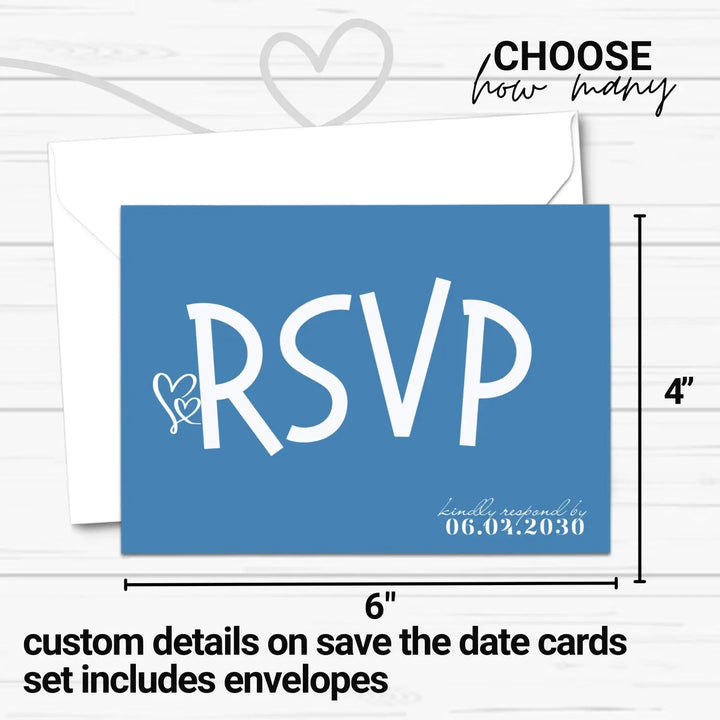 Custom Denim Blue RSVP Cards with Elegant White Calligraphy - Premium Card Stock, 4x6 Inch Size