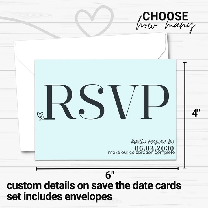 Custom Sky Blue RSVP Cards with Elegant Black Calligraphy - Premium Card Stock, 4x6 Inch Size