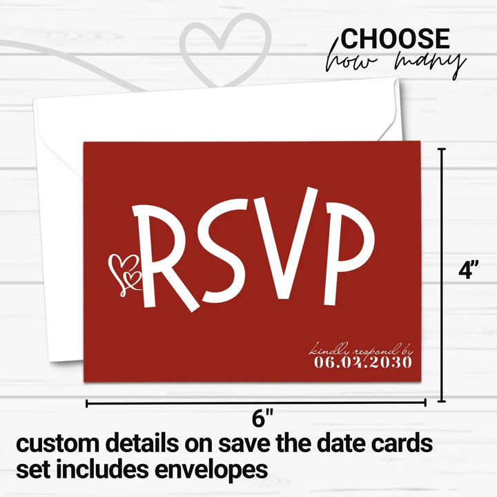 Custom Retro Red RSVP Cards with Elegant White Calligraphy - Premium Card Stock, 4x6 Inch Size