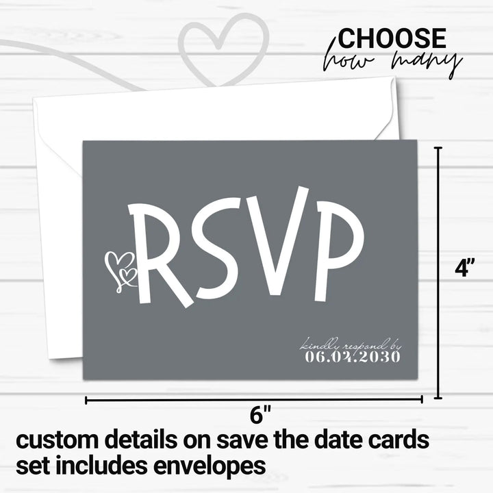 Custom Minimalist White RSVP Cards with Elegant Slate Grey Calligraphy - Premium Card Stock, 4x6 Inch Size