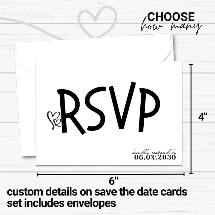 Custom Black and White RSVP Cards - Premium 120lb Cardstock, Elegant Calligraphy, 4x6 Inch Size, Personalized Dates & Names, Includes Event Details