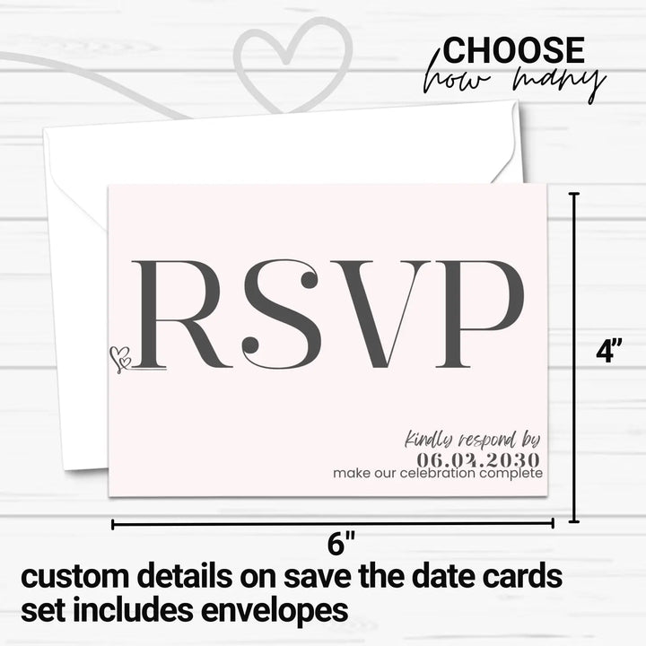 Custom Peony Pink and Black RSVP Cards - Premium 120lb Cardstock, Elegant Calligraphy, 4x6 Inch Size, Personalized Dates & Names, Includes Food Choices