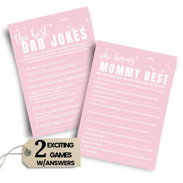 Pink Baby Shower Game Set - Who Knows Mommy Best & Dad Jokes, Modern Minimalist, 25 Pack