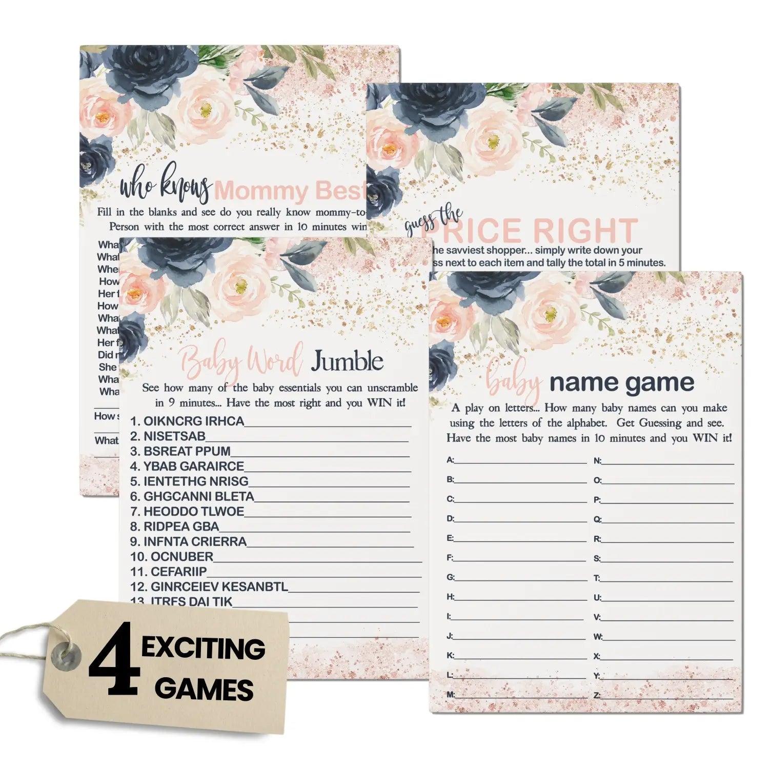 Pink baby shower games for girl - 25 activities guests include word scramble guess the price name race and who knows