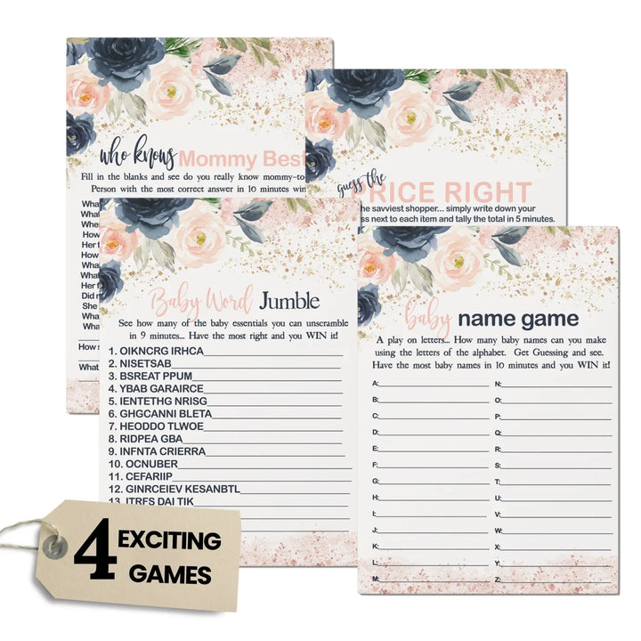 Pink Baby Shower Games for Girl - 25 Baby Shower Activities for Guests, Include Word Scramble, Guess the Price, Baby Name Race and Who Knows Mommy Best, Rustic Floral Theme, Double-Sided 5x7 Cards