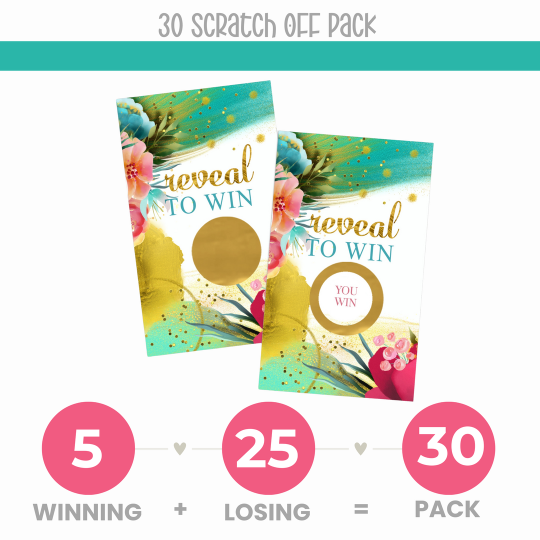 Aloha Greenery Scratch Off Game (30 Pack) - Tropical Floral, Bridal & Baby Shower, Pink & Gold Drawing Prizes - Paper Clever Party