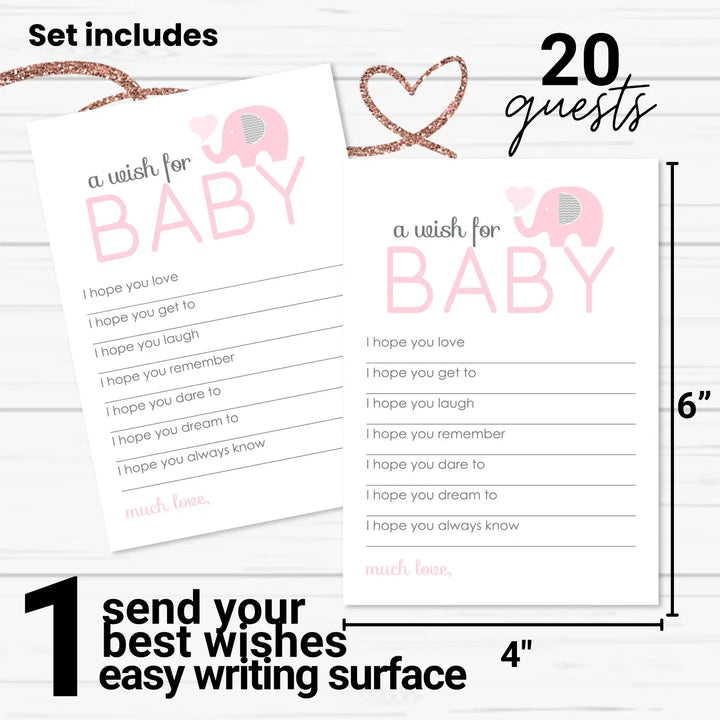 Girl Baby Shower Pink Elephant Advice Cards - 20-Pack Memory Wishes, 4x6 Keepsake Activity Set