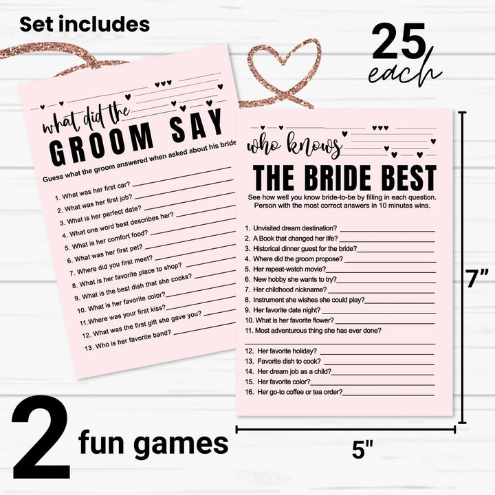 Paper Clever Party Bridal Shower Games - 25 Cards - What Did the Groom Say & Who Knows the Bride Best Wedding Activity - Engagement, Rehearsal Dinner, Modern Pink and Black Design