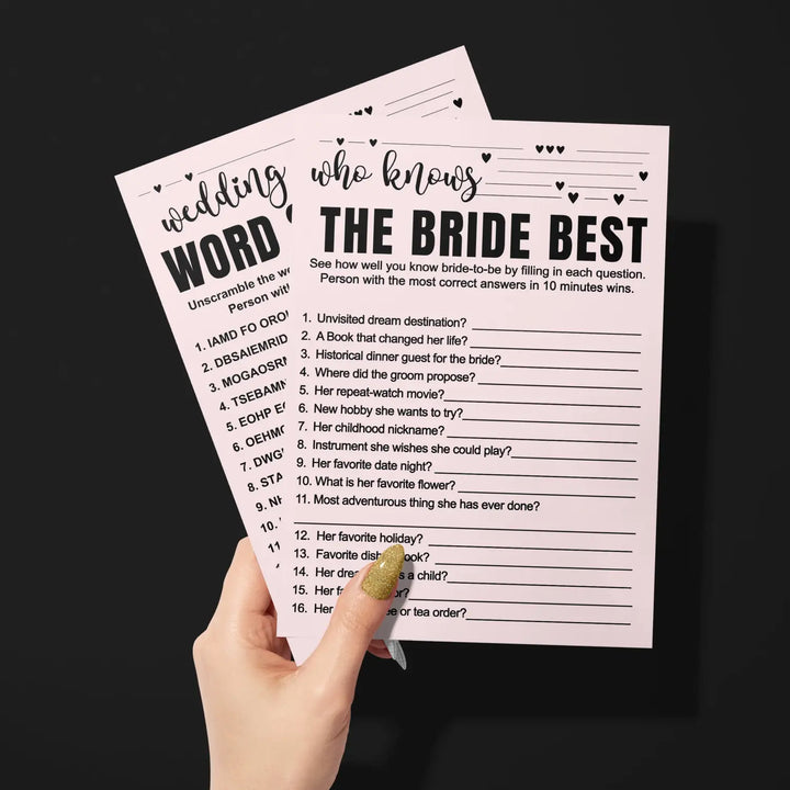 Paper Clever Party Bridal Shower Games - 25 Cards - What Did the Groom Say & Who Knows the Bride Best Wedding Activity - Engagement, Rehearsal Dinner, Modern Pink and Black Design