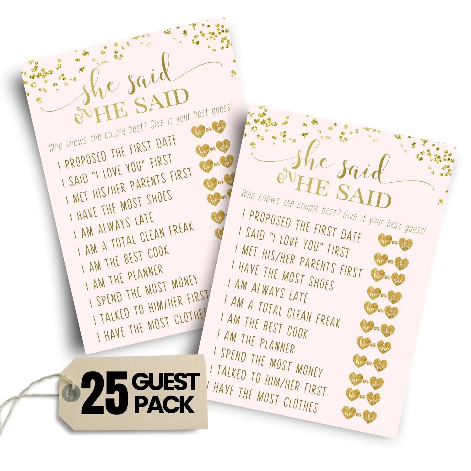 Pink and gold bridal shower games - 25 cards - he said or she game what did the bride groom say guess who wedding