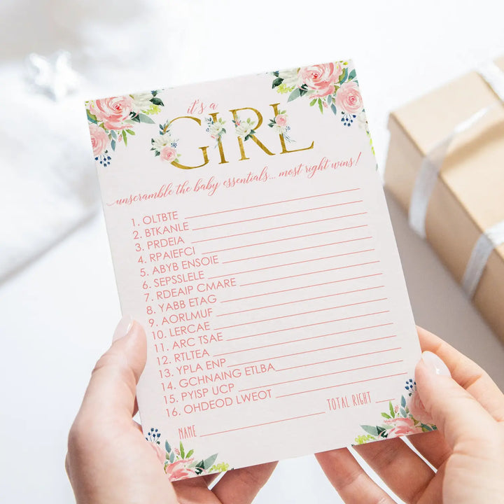 Paper Clever Party Girl Baby Shower Games Rustic - Word Scramble Cards - 25 Baby Shower Activities for Guests Prizes, Boho Floral Theme Pink and Gold Favors, Pack