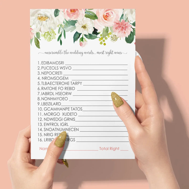 Graceful Floral Bridal Shower Games - 25 Cards - Wedding Word Scramble Game Fun Guess Activity for Guests Engagement Party, Rehearsal Dinner, Pink and Gold Greenery Design