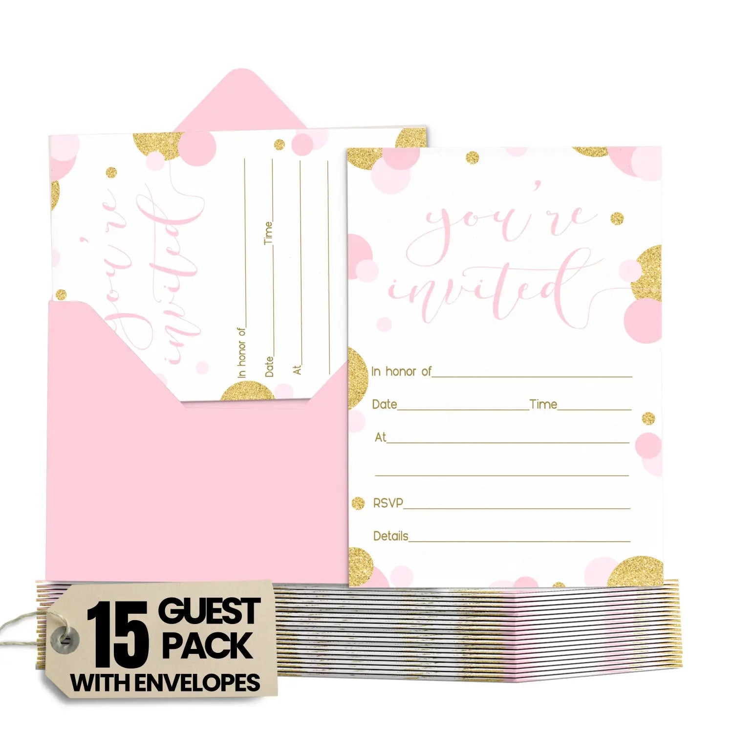 Pink and gold invitations with envelopes (15 pack)