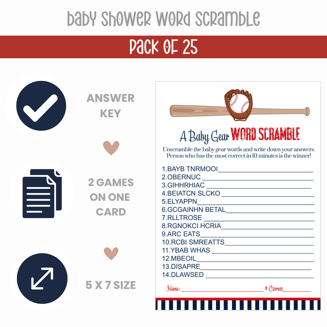 Baseball Baby Shower Game Set, Red & Blue, Word Scramble and Storybook Guessing Activity - Paper Clever Party