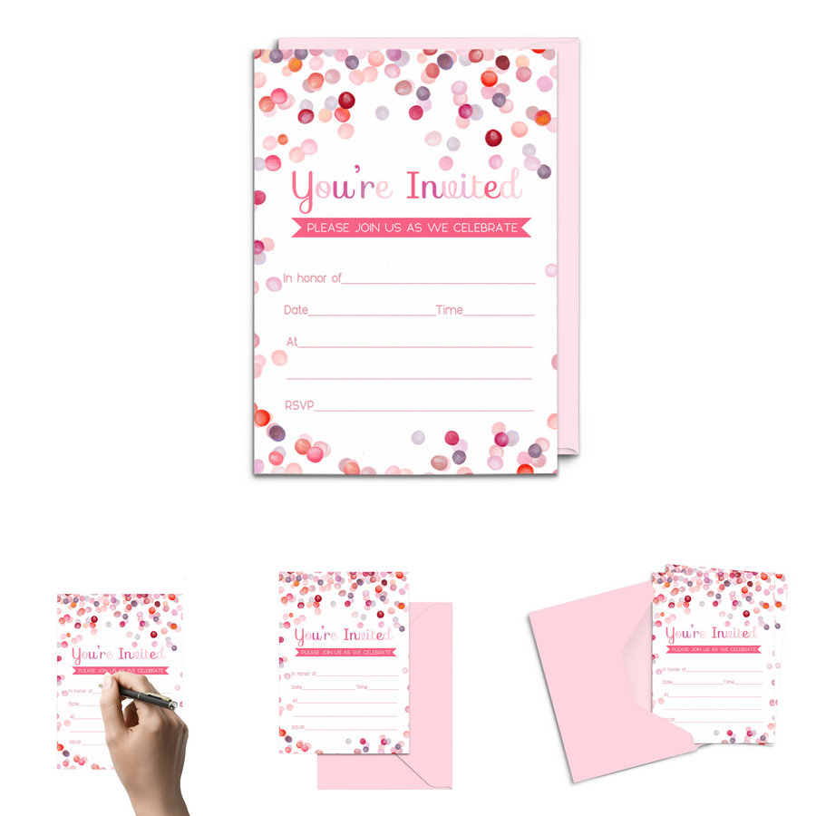 Pink Confetti Invitations with Envelopes (15 Pack) - Paper Clever Party