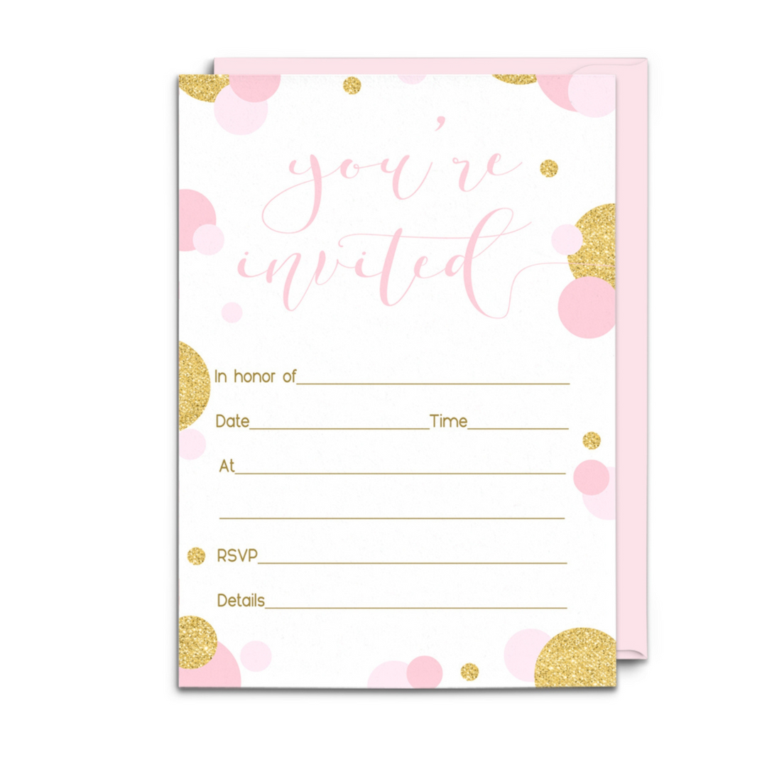 Pink and Gold Invitations with Envelopes (15 Pack) - Paper Clever Party