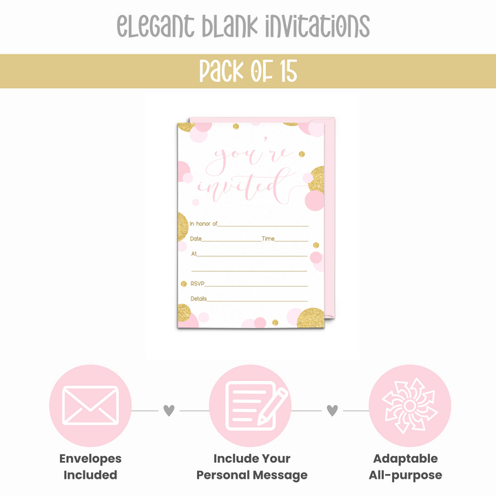 Pink and Gold Invitations with Envelopes (15 Pack) - Paper Clever Party