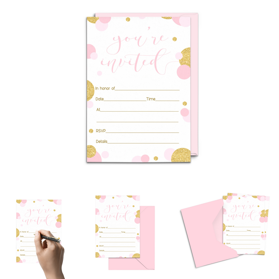 Pink and Gold Invitations with Envelopes (15 Pack) - Paper Clever Party