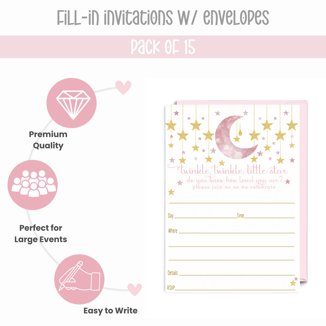 Twinkle Little Star Invitations with Envelopes (15 Pack) - Paper Clever Party