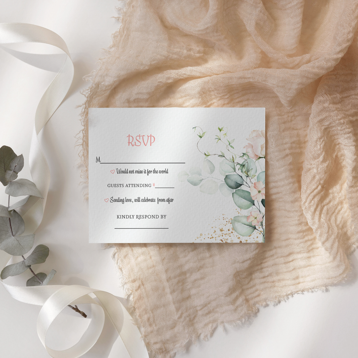 Blush Greenery Pink Floral RSVP Cards - Wedding Response Set, 3.5x5, Envelopes Included, 25 Pack - Paper Clever Party