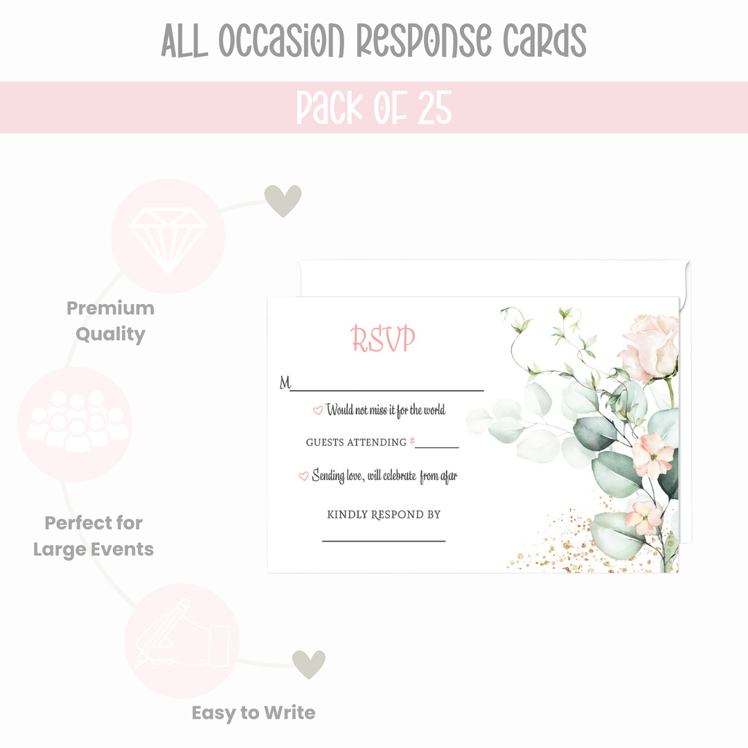 Blush Greenery Pink Floral RSVP Cards - Wedding Response Set, 3.5x5, Envelopes Included, 25 Pack - Paper Clever Party