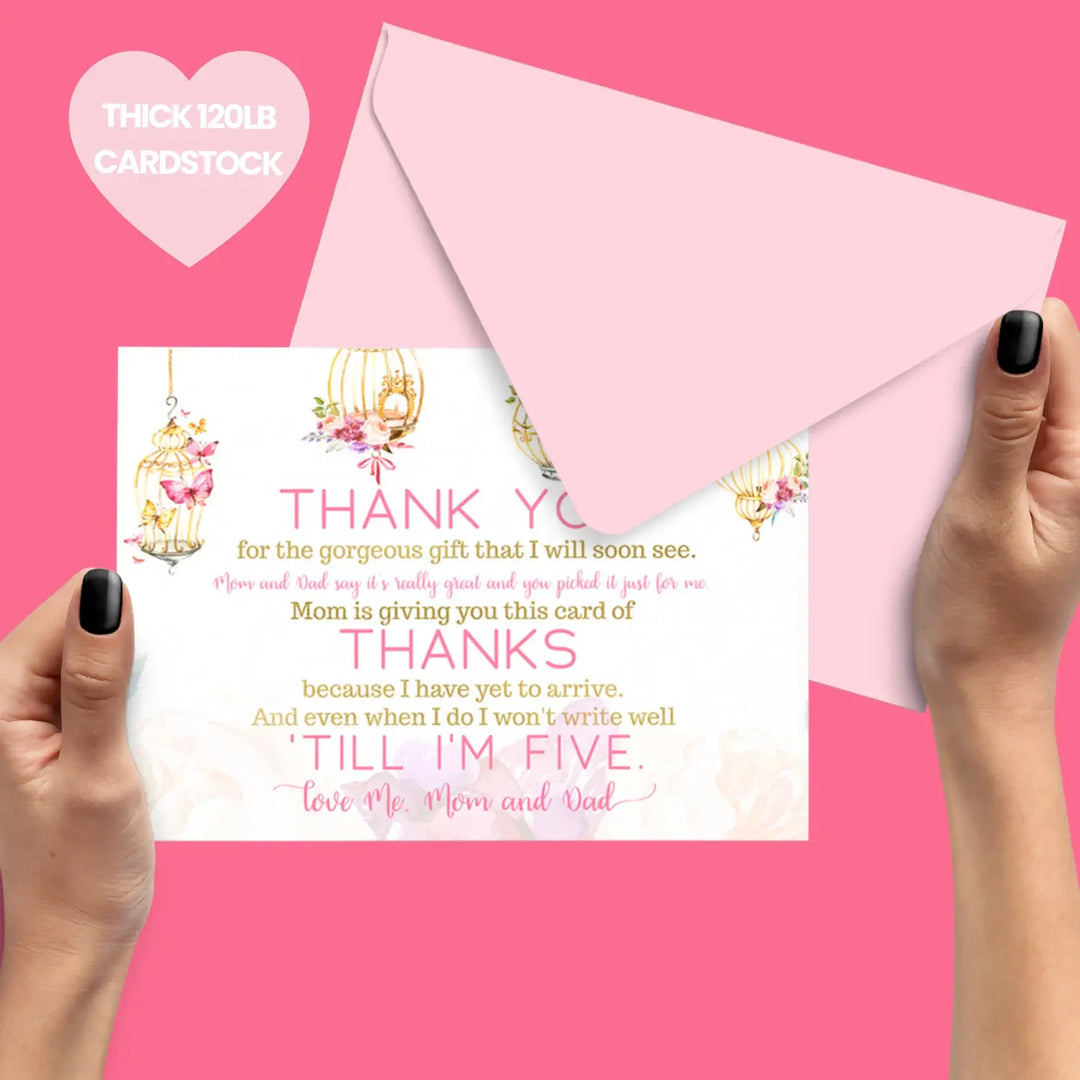 Butterfly and Floral Girls Baby Shower Thank You Cards - 15 Pack with Pink Envelopes, 4x6