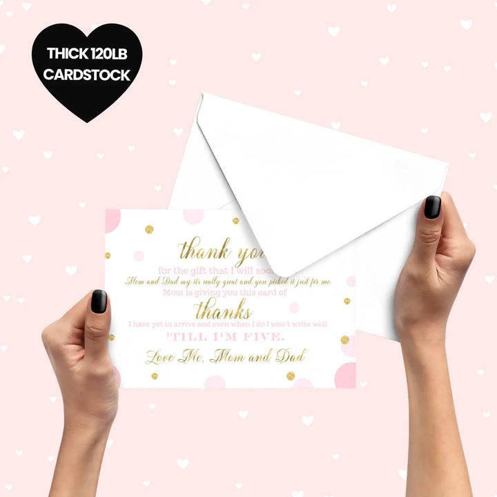 Pink and Gold Thank You Cards for Baby Girl Shower – Personalized Notecards (Pack of 25)