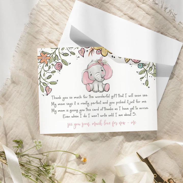 Cottage Elephant Baby Shower Thank You Cards for Girls – Personalized Notecards (Pack of 25)