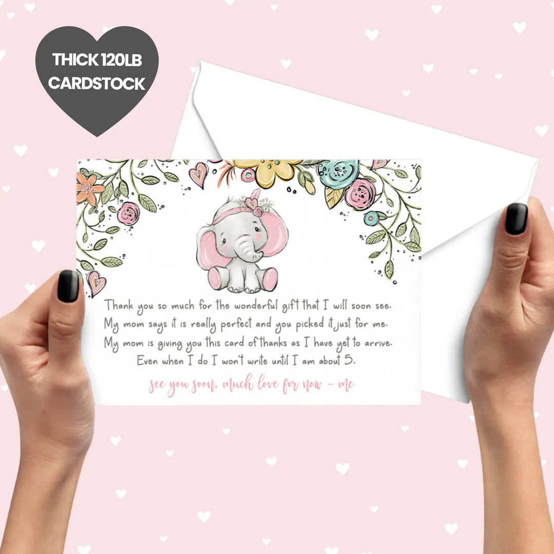 Cottage Elephant Baby Shower Thank You Cards for Girls – Personalized Notecards (Pack of 25)