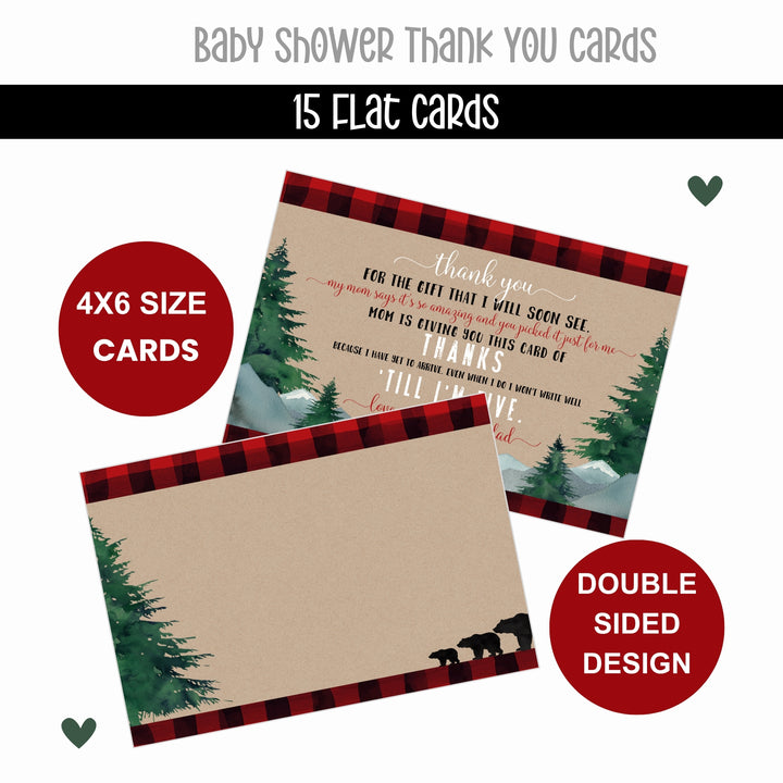 Lumberjack Boys Baby Shower Thank You Cards - Rustic (15 Pack) with Red Envelopes, 4x6 - Paper Clever Party