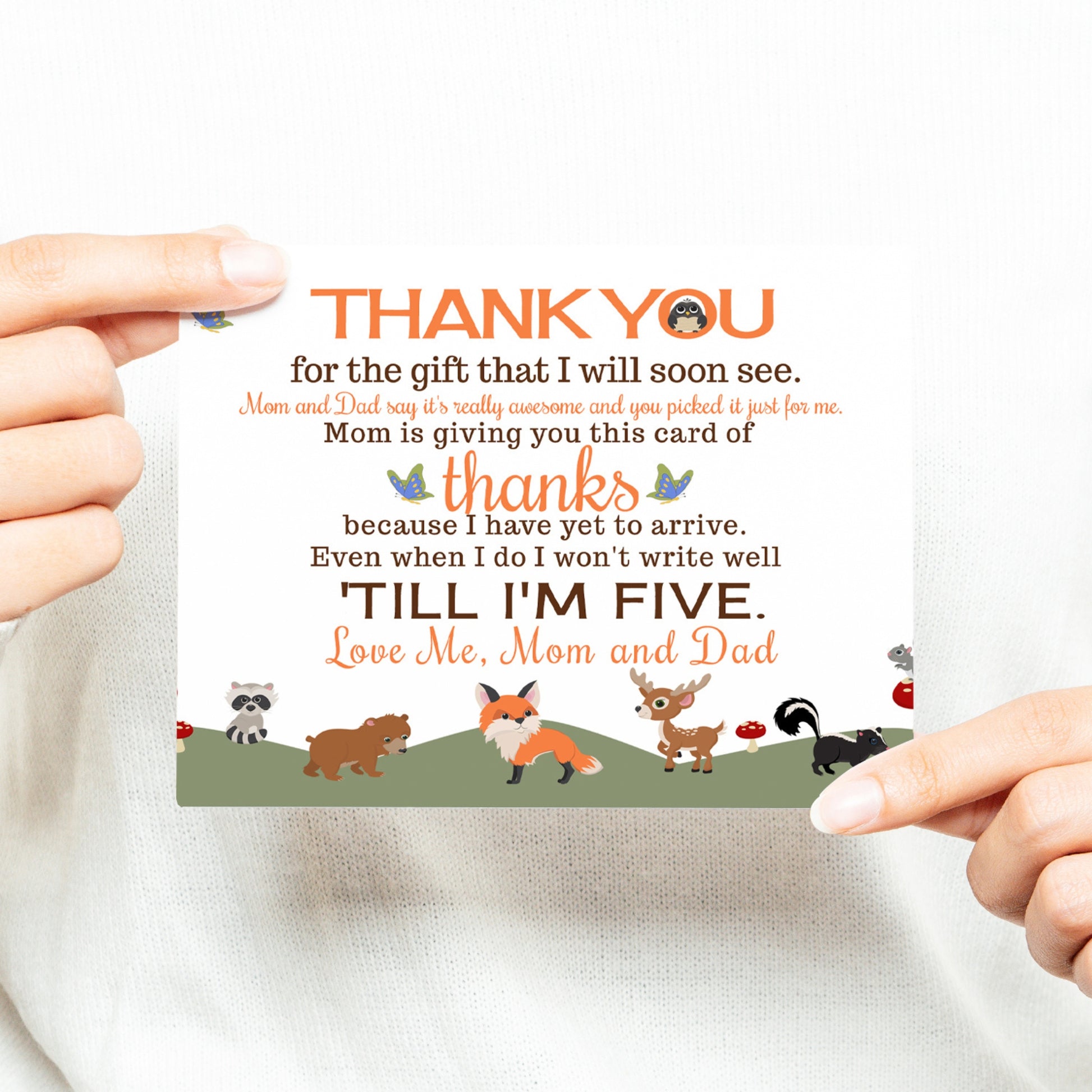 Gender Neutral Woodland Baby Shower Thank You Cards - 15 Pack Notecards with Orange Envelopes, 4x6 - Paper Clever Party