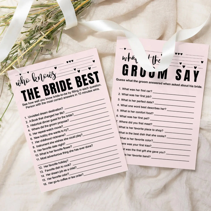 Paper Clever Party Bridal Shower Games - 25 Cards - What Did the Groom Say & Who Knows the Bride Best Wedding Activity - Engagement, Rehearsal Dinner, Modern Pink and Black Design