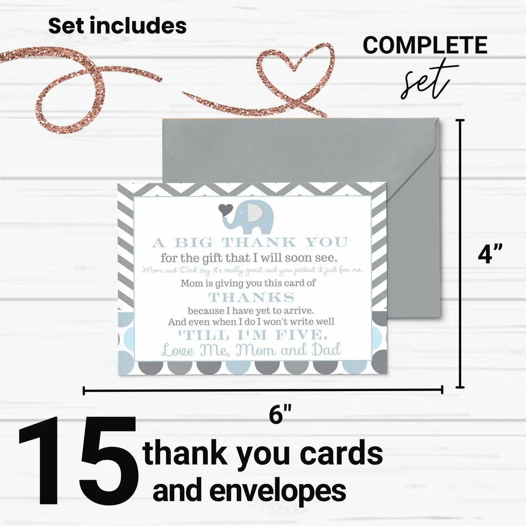 Blue Elephant Boys Baby Shower Thank You Cards - 15 Pack with Gray Envelopes, 4x6