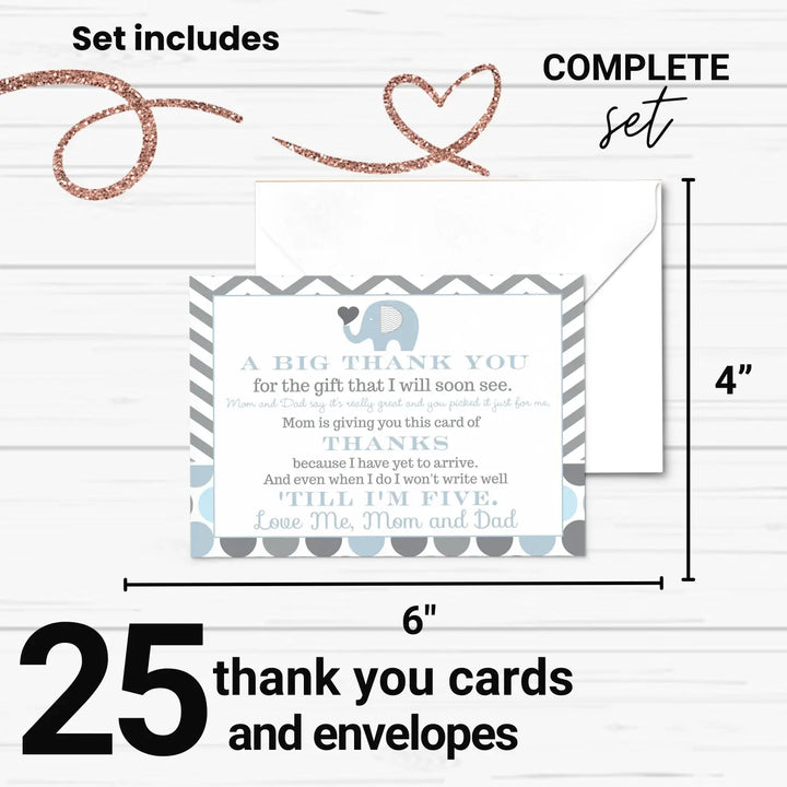 Elephant Thank You Cards for Boys – Prewritten Notes with Envelopes (Pack of 25)