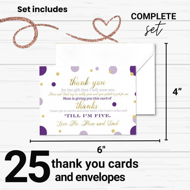 Purple and Gold Thank You Cards for Girls Baby Shower – Notecards with Envelopes (Pack of 25)