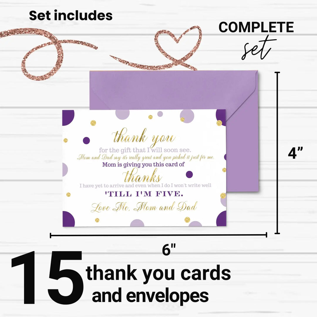 Purple and Gold Girls Baby Shower Thank You Cards - 15 Pack Elegant Notecards, 4x6