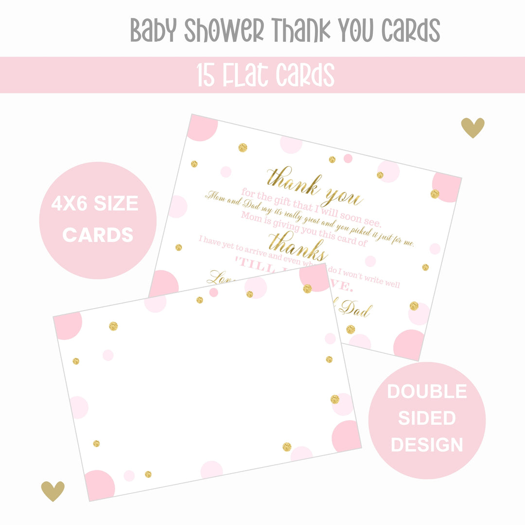 Pink and Gold Girls Baby Shower Thank You Cards - 15 Pack Luxurious Notecards, 4x6 - Paper Clever Party