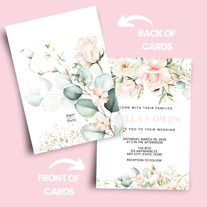 Personalized wedding reception invitations - blush blooms theme 5x7 cards - pink and gold rustic design with envelopes