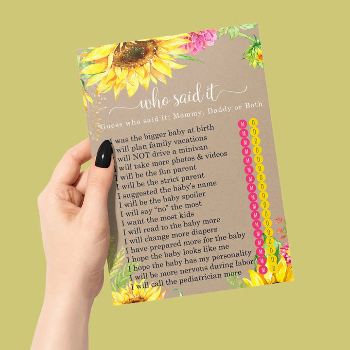 Sunflower Mommy or Daddy Baby Shower Game - 25 Pack Guess Which Parent Activity Cards, Rustic Gender Reveal Autumn Flower Themed, Printed 4x6 Set