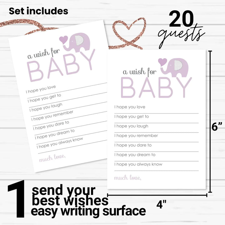 Girl baby shower purple elephant advice cards - 20-pack memory wishes 4x6 keepsake activity set - office product