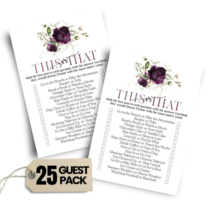 Purple Passion Bridal Shower Games - Would She Rather Bridal Shower Game, Fun This or That for Graduation Party, Rehearsal Dinner, Birthday Girl, Modern Floral Design, 25 Card Pack